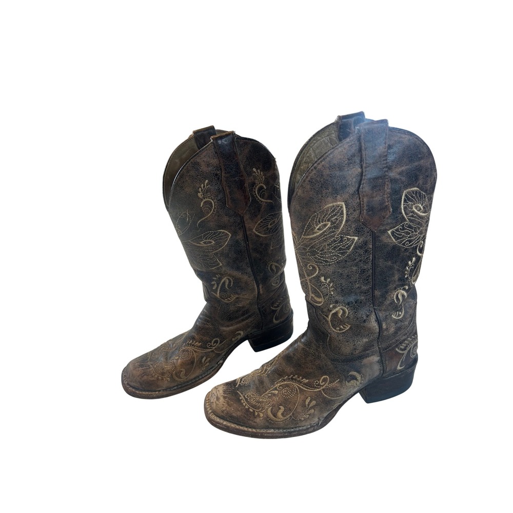 Circle G Corral Womens Brown Distressed Leather Floral Western Boots L5079 8.5